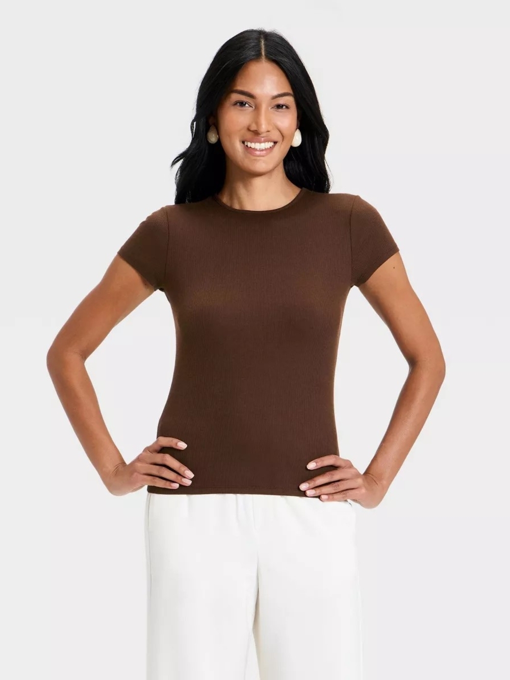 A New Day▪️Short Sleeve Ribbed T-Shirt in Chocolate Brown